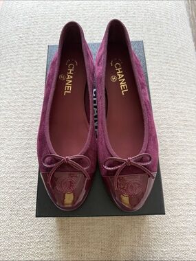 CHANEL Burgundy Suede and Patent Cap-Toe Ballet Flats STORE FRESH